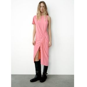 ZARA MINIMALIST ECCENTRIC ARTISTIC PINK DRAPED ASYMMETRIC RUCHED DRESS